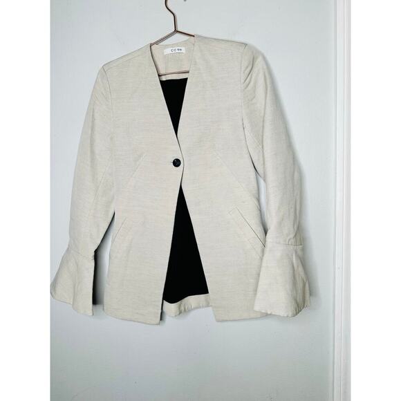 Co Beige Wool Hemp Blend Peplum Bell Sleeves One Button Blazer Jacket Size Small - Picture 6 of 15